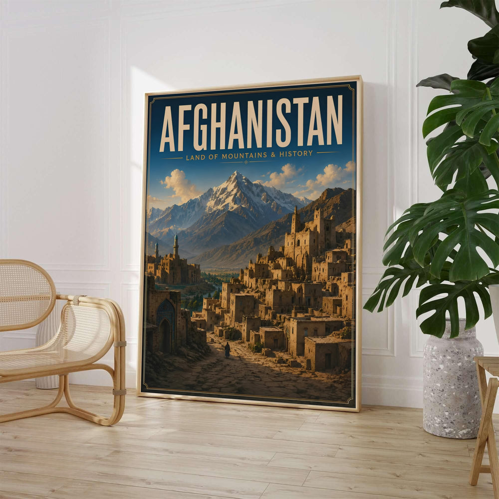 Retro Afghanistan mountain citadel art print featuring historic architecture and blue sky, presented by MapYourDreams in choices including unframed poster paper, stretched canvas wall art, or custom framed prints in classic black frames for modern living room spaces.