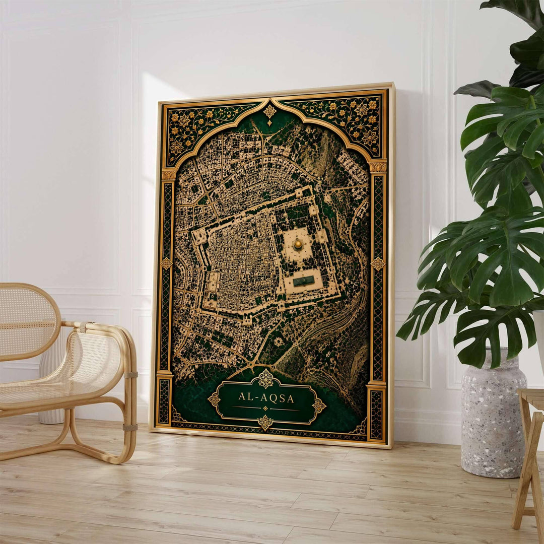 Detailed cartographic map of Jerusalem featuring Al-Aqsa Compound and the Old City in emerald green and gold. Crafted by MapYourDreams, this artwork is available in flexible options including unframed paper, custom wooden frames, and gallery canvas wraps to suit your wall decor.