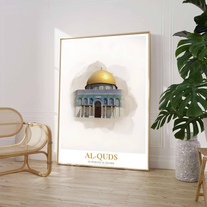 Al Quds Dome of the Rock artwork in Jerusalem Palestine showcasing golden dome and detailed blue mosaic tiles. Crafted by MapYourDreams, this artwork is available in flexible options including unframed paper, custom wooden frames, and gallery canvas wraps to suit your home decor.