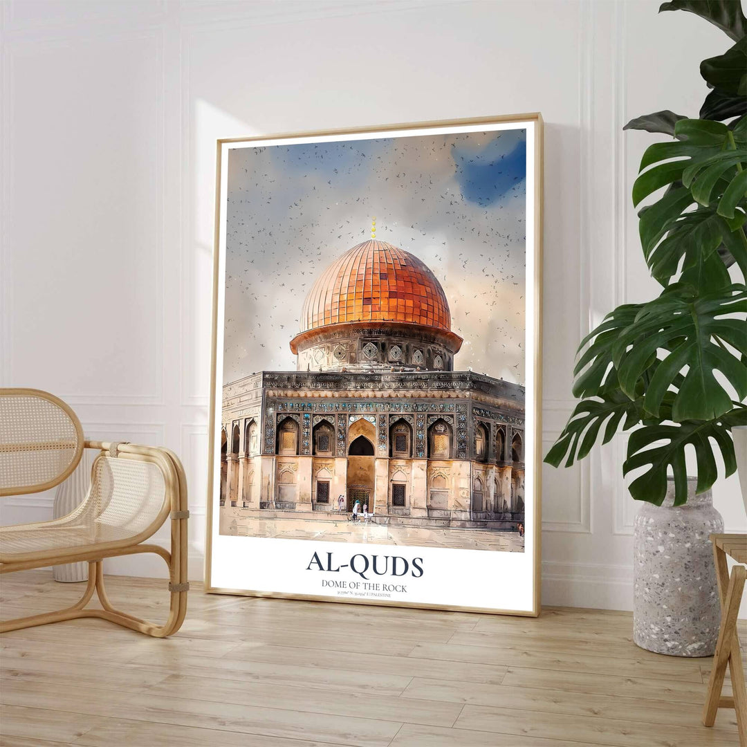 Al Quds Dome of the Rock watercolor poster showcasing intricate blue tile archways and warm bronze highlights in Jerusalem. Crafted by MapYourDreams, this artwork is available in flexible options including unframed paper, custom wooden frames, and gallery canvas wraps to suit your wall decor.