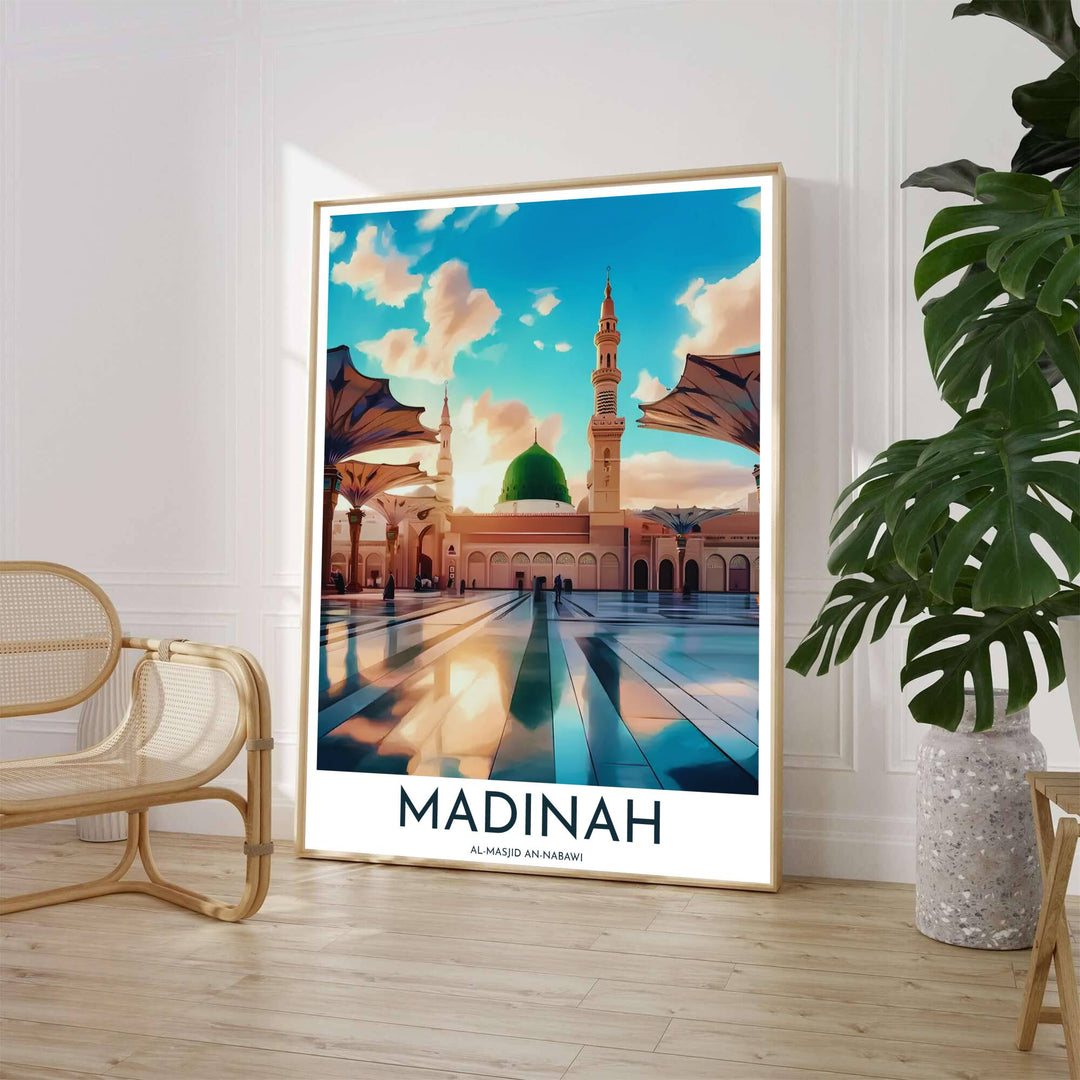 Painterly art print of Prophet Mosque in Madinah with glowing orange sunset clouds and turquoise sky reflections. Crafted by MapYourDreams, this artwork is available in flexible options including unframed paper, custom wooden frames, and gallery canvas wraps to suit your wall decor.