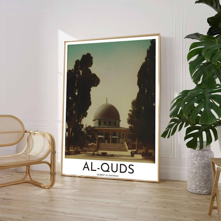 Sepia tone photograph of Dome of the Rock in Al Quds Jerusalem showcasing courtyard steps and silhouetted trees. Crafted by MapYourDreams, this artwork is available in flexible options including unframed paper, custom wooden frames, and gallery canvas wraps to suit your wall decor.
