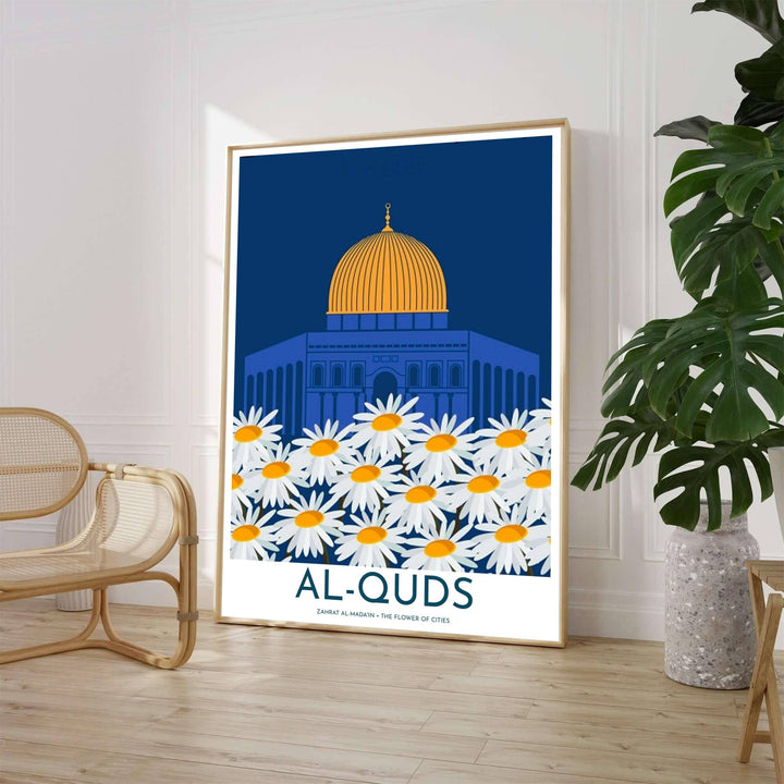 Zahrat Al Madain Flower of Cities travel poster featuring Al Quds Jerusalem Dome of the Rock and blooming daisy flowers. Crafted by MapYourDreams, this artwork is available in flexible options including unframed paper, custom wooden frames, and gallery canvas wraps to suit your wall decor.