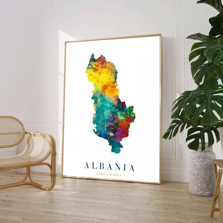 Featuring a multicolor watercolor map of Albania on a clean white background, this bold travel poster art adds a pop of color to any modern room. Offered by MapYourDreams, this artwork is available in flexible options including unframed paper, custom wooden frames, and gallery canvas wraps.