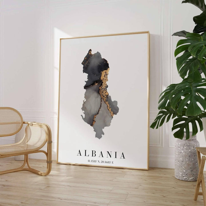 Featuring a vintage gold abstract map of Albania set on a clean off-white background, this luxurious travel poster art elevates any modern room. Offered by MapYourDreams, this artwork is available in flexible options including unframed paper, custom wooden frames, and gallery canvas wraps.