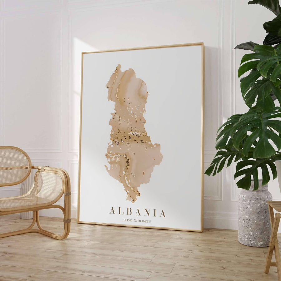 Featuring a vintage gold beige abstract map of Albania set on a clean white background, this elegant travel poster art elevates any modern room. Offered by MapYourDreams, this artwork is available in flexible options including unframed paper, custom wooden frames, and gallery canvas wraps.