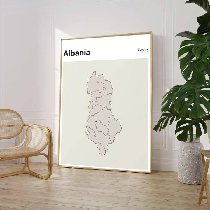 Featuring a vintage outline map of Albania set inside a cream block with modern typography, this subtle travel poster art fits any Scandinavian room. Offered by MapYourDreams, this artwork is available in flexible options including unframed paper, custom wooden frames, and gallery canvas wraps.