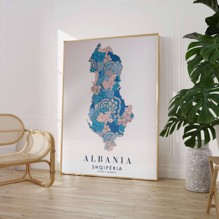 Featuring a vintage patterned floral map of Albania with Shqipëria text on a clean off-white background, this travel poster art elevates modern room decor. Offered by MapYourDreams, this artwork is available in flexible options including unframed paper, custom wooden frames, and gallery canvas wraps.