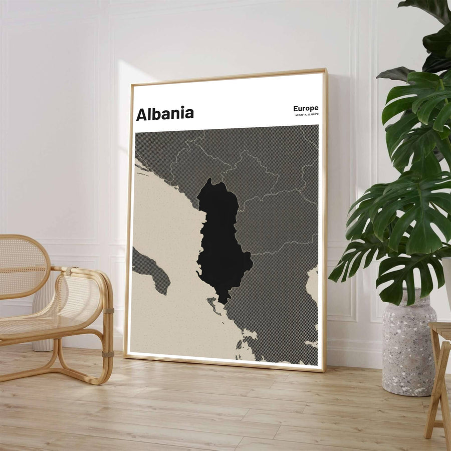 Featuring a dark charcoal map of Albania with textured sea details on a crisp white background, this bold travel poster art elevates modern room decor. Offered by MapYourDreams, this artwork is available in flexible options including unframed paper, custom wooden frames, and gallery canvas wraps.