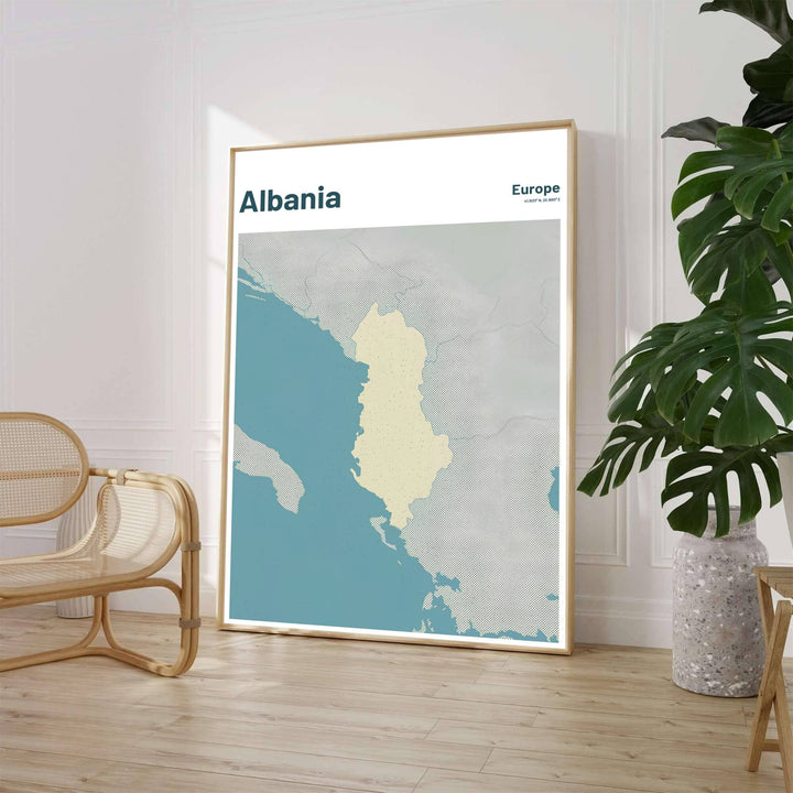 Featuring a vintage teal map of Albania with textured regional details on a crisp white background, this elegant travel poster art elevates modern room decor. Offered by MapYourDreams, this artwork is available in flexible options including unframed paper, custom wooden frames, and gallery canvas wraps.