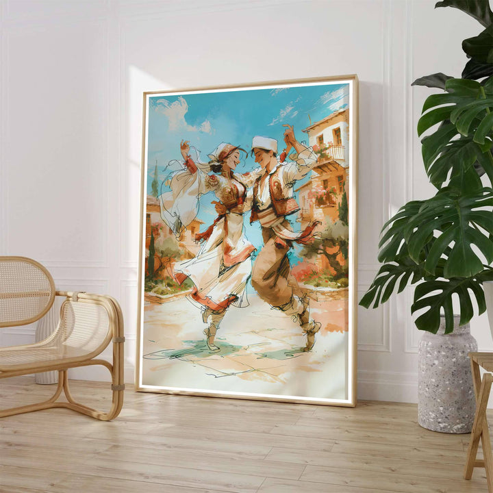 Featuring an impressionist illustration of an Albanian couple dancing outdoors with red embroidered vests and white plis caps under a blue sky. Offered by MapYourDreams, this artwork is available in flexible options including unframed paper, custom wooden frames, and gallery canvas wraps.