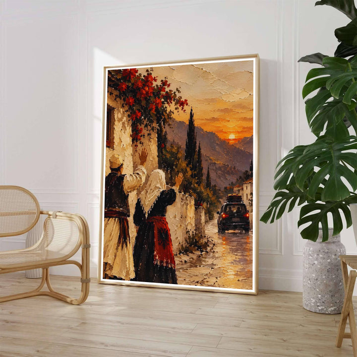 Featuring an impressionist oil painting of a couple waving goodbye beside red bougainvillea flowers in an Albanian village at golden hour, this poster elevates living room decor. Offered by MapYourDreams, this artwork is available in flexible options including unframed paper, custom wooden frames, and gallery canvas wraps.