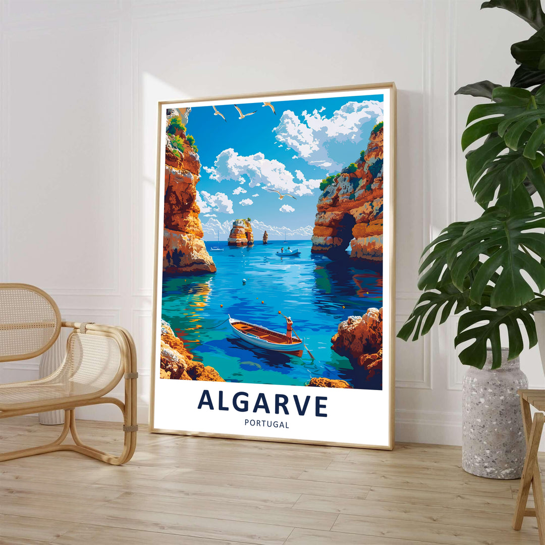Graphic vector brushwork highlights towering coastal sea arches in this Algarve wall art design created for Mediterranean decor lovers. Offered as an unframed print, solid wood framed artwork, or gallery canvas.