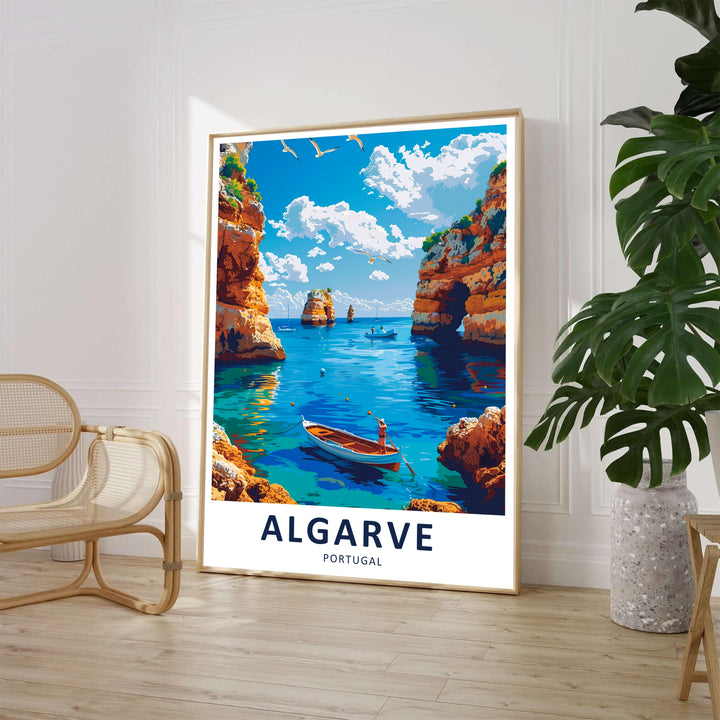 Graphic vector brushwork highlights towering coastal sea arches in this Algarve wall art design created for Mediterranean decor lovers. Offered as an unframed print, solid wood framed artwork, or gallery canvas.