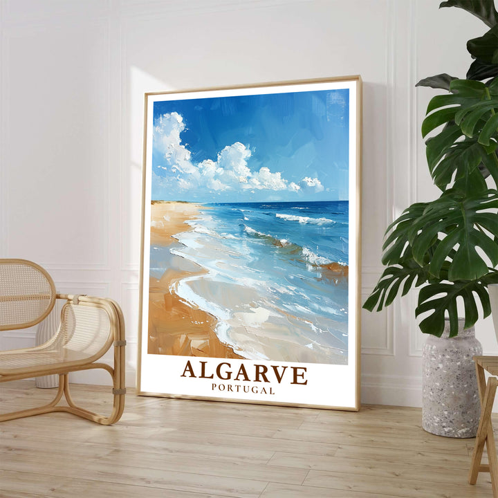 Texturized oil painting waves and reflective wet sand at Algarve Beach, Portugal define this travel print. Order beautiful framed, unframed, and canvas poster options at MapYourDreams to decorate coastal walls.