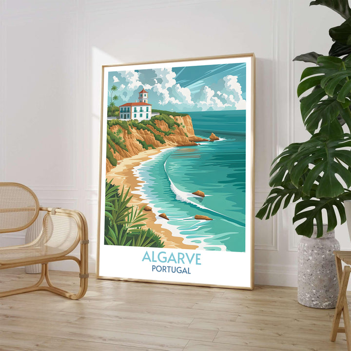 Terracotta cliffs slope dramatically into crystal-clear turquoise waters in this Algarve print, produced as a premium gallery wrapped canvas print or unframed poster by MapYourDreams.