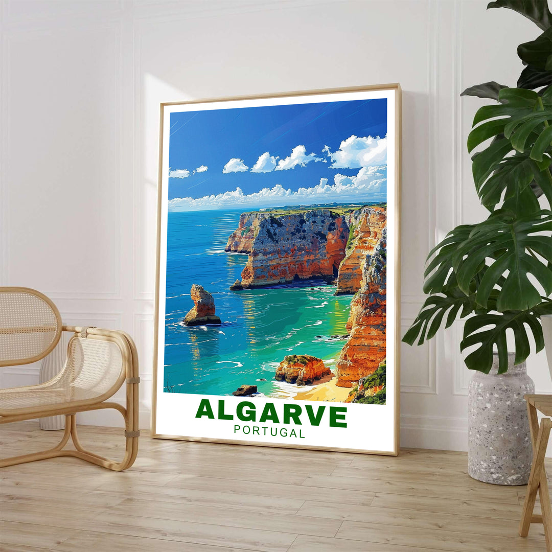 Inspired by classic vintage travel art, this Algarve Cliffs, Portugal print features dramatic coastal landscape scenery. Explore versatile framed, unframed, and canvas options available at MapYourDreams for modern decor.