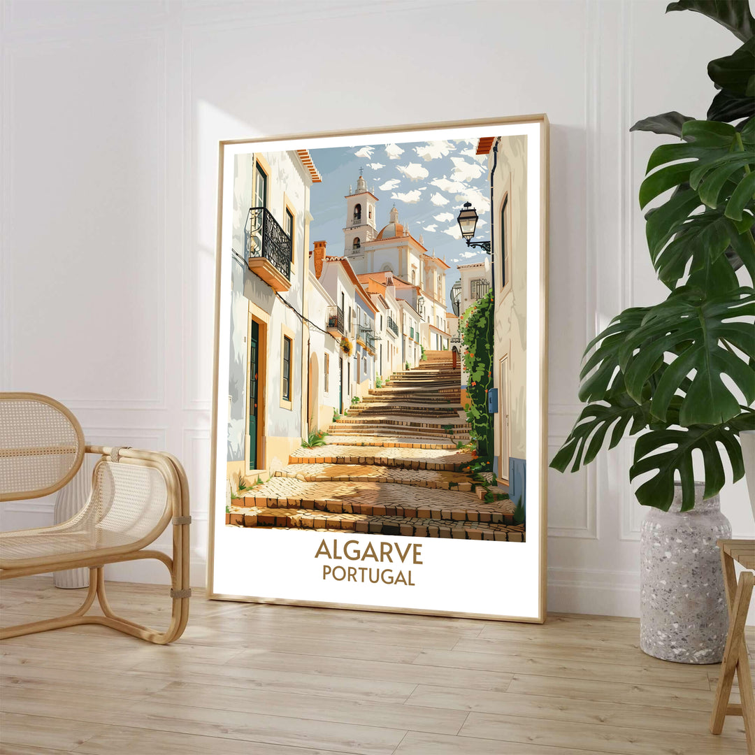 A sun-dappled stepped lane and historic street lantern at Faro Old Town, Portugal define this travel print. Order beautiful framed, unframed, and canvas poster options at MapYourDreams to decorate walls.