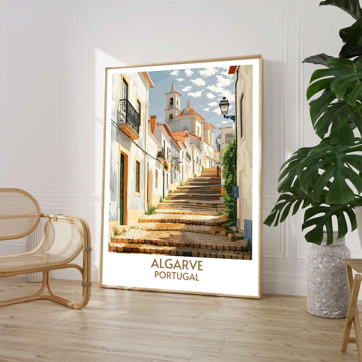 A sun-dappled stepped lane and historic street lantern at Faro Old Town, Portugal define this travel print. Order beautiful framed, unframed, and canvas poster options at MapYourDreams to decorate walls.