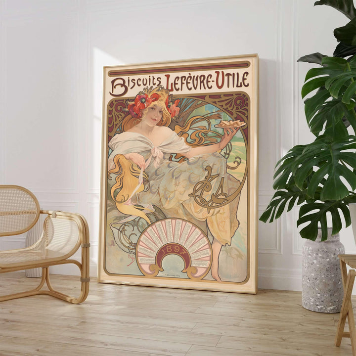 Alphonse Mucha Biscuits Lefevre Utile 1896 French print of Biscuits Lefevre Utile by artist Alphonse Mucha displaying a maiden holding biscuits in Nantes France. MapYourDreams offers framed, unframed paper, and canvas wall art options.