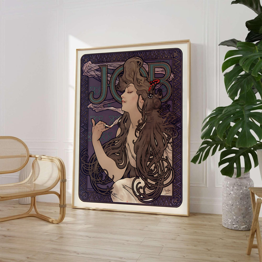 Alphonse Mucha JOB Cigarette Papers 1896 French print of JOB Cigarette Papers by artist Alphonse Mucha displaying a maiden with long cascading hair in Paris France. MapYourDreams offers framed, unframed paper, and canvas wall art options.