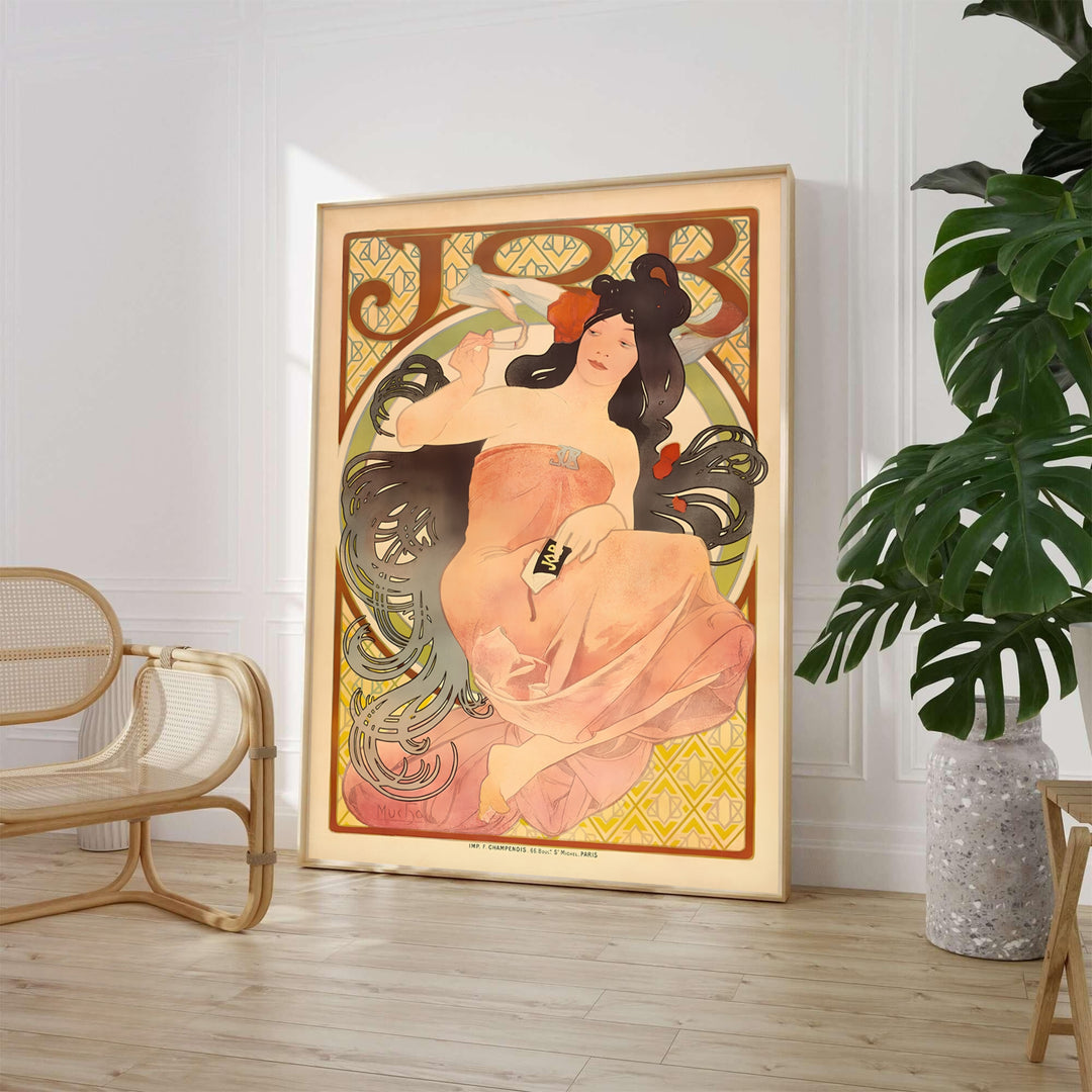Alphonse Mucha JOB Cigarette Papers 1898 French print of JOB Cigarette Papers by artist Alphonse Mucha displaying a maiden in a pink gown at Boulevard Saint-Michel Paris. MapYourDreams offers framed, unframed paper, and canvas wall art options.