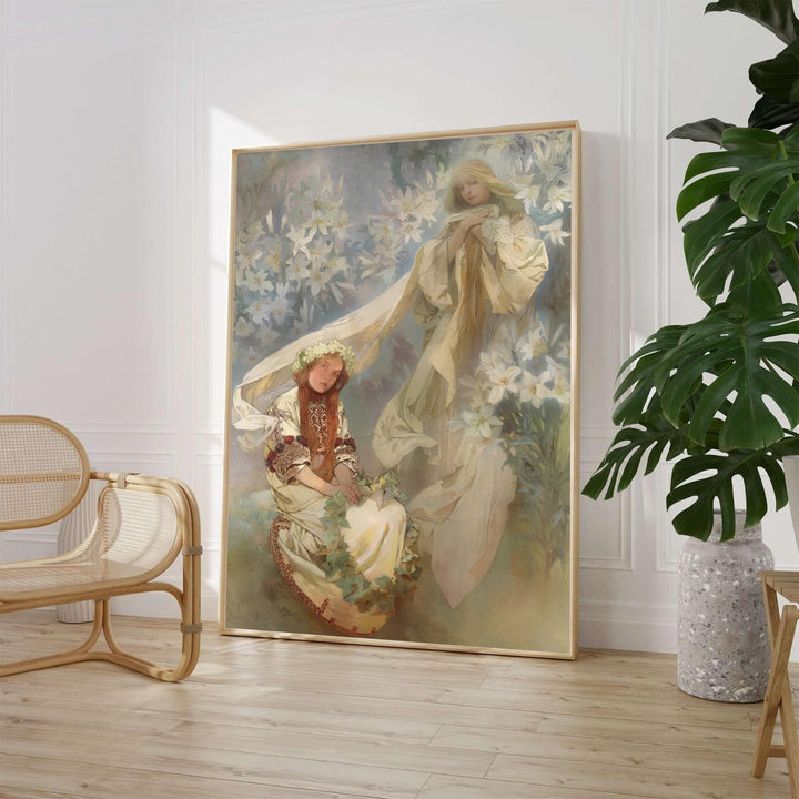 Alphonse Mucha Madonna Of The Lilies 1905 fine art print of Madonna Of The Lilies by artist Alphonse Mucha displaying a maiden in folk dress with white lilies in Prague Bohemia. MapYourDreams offers framed, unframed paper, and canvas wall art options.