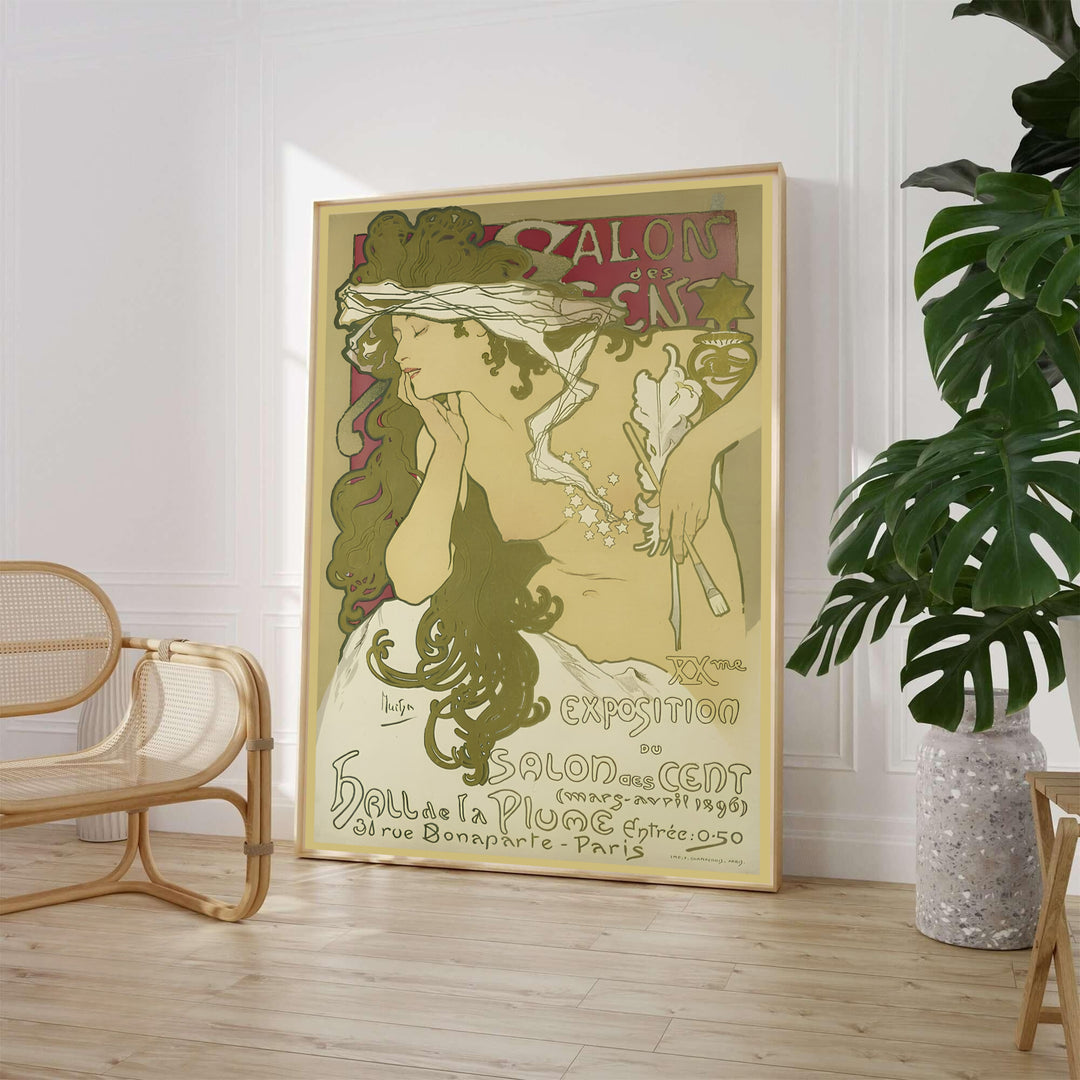Alphonse Mucha Salon Des Cent 1896 vintage French poster by artist Alphonse Mucha depicting an Art Nouveau muse at 31 Rue Bonaparte Paris. MapYourDreams provides framed, unframed paper, and canvas wall art options.