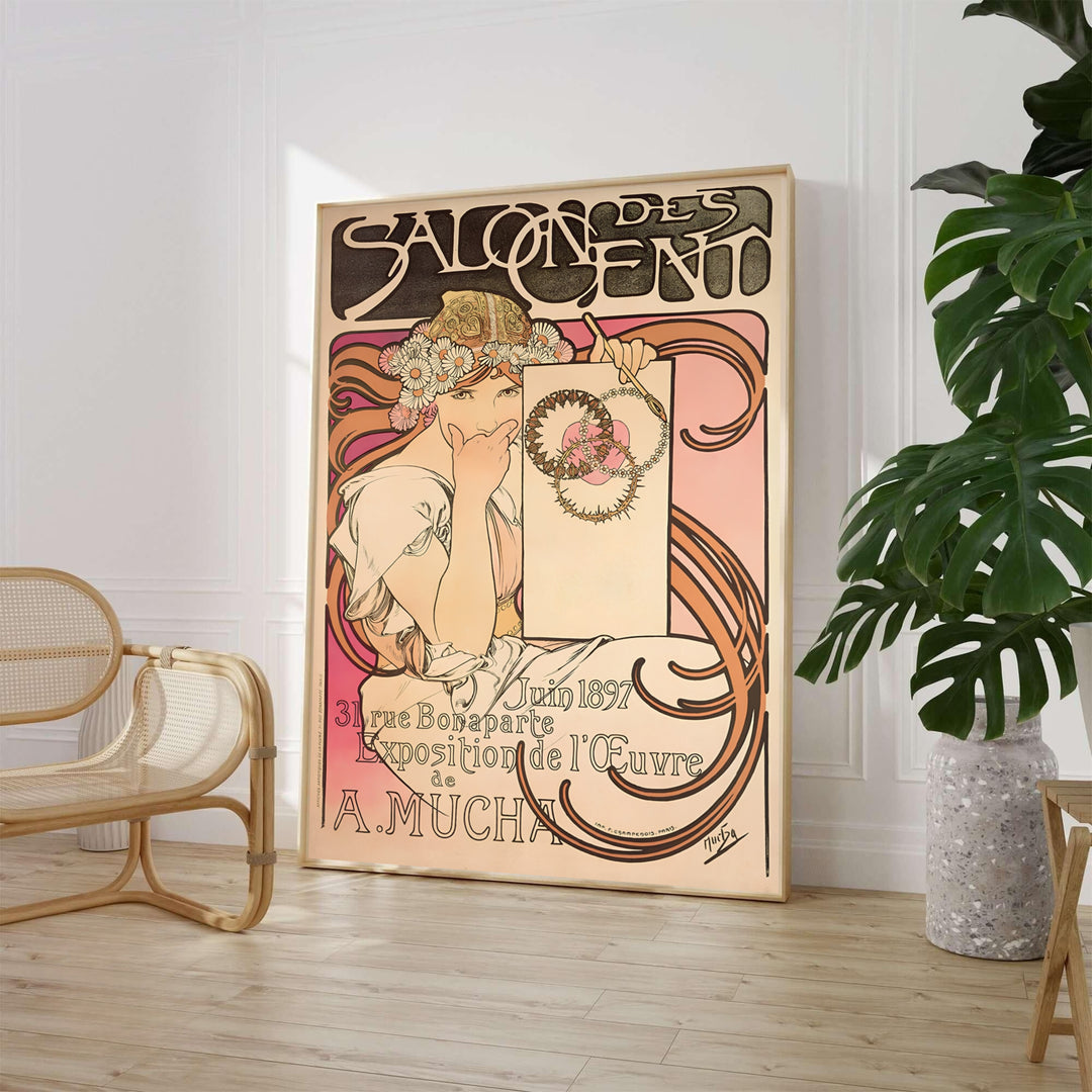 Alphonse Mucha Salon Des Cent 1897 vintage French poster by artist Alphonse Mucha depicting an Art Nouveau maiden with a daisy crown at 31 Rue Bonaparte Paris. MapYourDreams provides framed, unframed paper, and canvas wall art options.