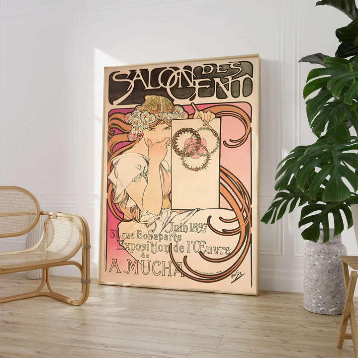 Alphonse Mucha Salon Des Cent 1897 vintage French poster by artist Alphonse Mucha depicting an Art Nouveau maiden with a daisy crown at 31 Rue Bonaparte Paris. MapYourDreams provides framed, unframed paper, and canvas wall art options.