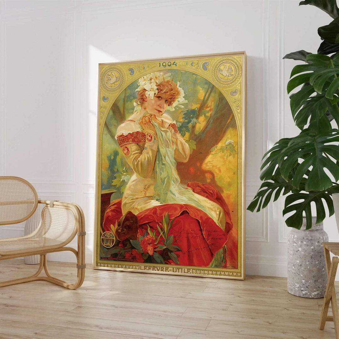 Alphonse Mucha Sarah Bernhardt Lefevre Utile 1903 vintage French poster of Sarah Bernhardt set in Paris France, available as unframed paper prints, stretched gallery canvas, or custom framed wall decor at MapYourDreams.