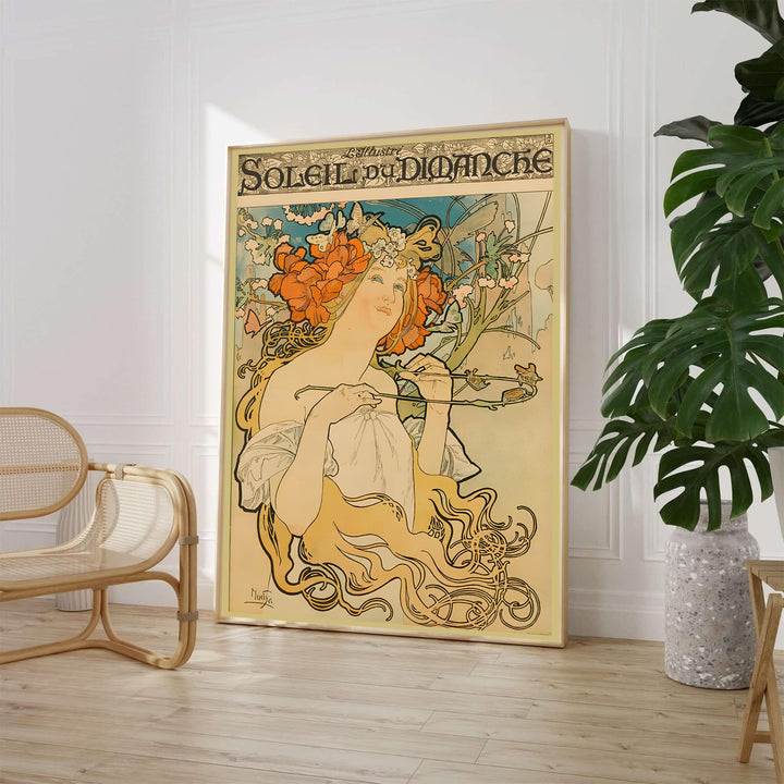 Alphonse Mucha Soleil Du Dimanche 1898 French print of Soleil Du Dimanche by artist Alphonse Mucha displaying an Art Nouveau woman with orange flowers in Paris. MapYourDreams offers framed, unframed paper, and canvas wall art options.