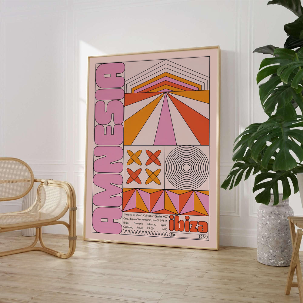 Geometric Balearic art print featuring abstract sunburst lines, concentric circles, and pink Amnesia typography in San Antonio Ibiza, available from MapYourDreams where shoppers can select unframed fine art posters, gallery wrapped canvas decor, and custom frame options for home studios.