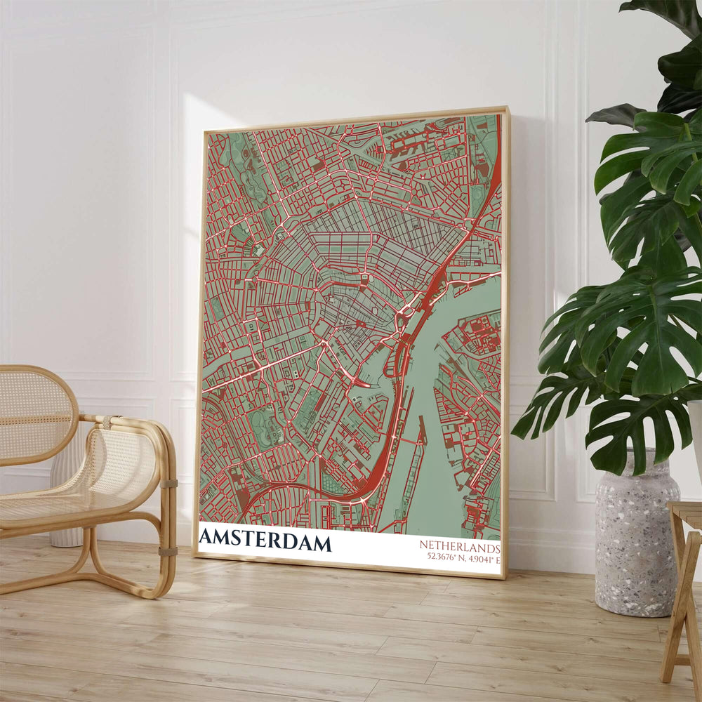Earthy tone cartography print of an Amsterdam street map with red road networks across sage green terrain and teal waterways, offered by MapYourDreams where you can choose between an unframed archival paper poster, museum stretched canvas, or custom frame finishes for home office decor.