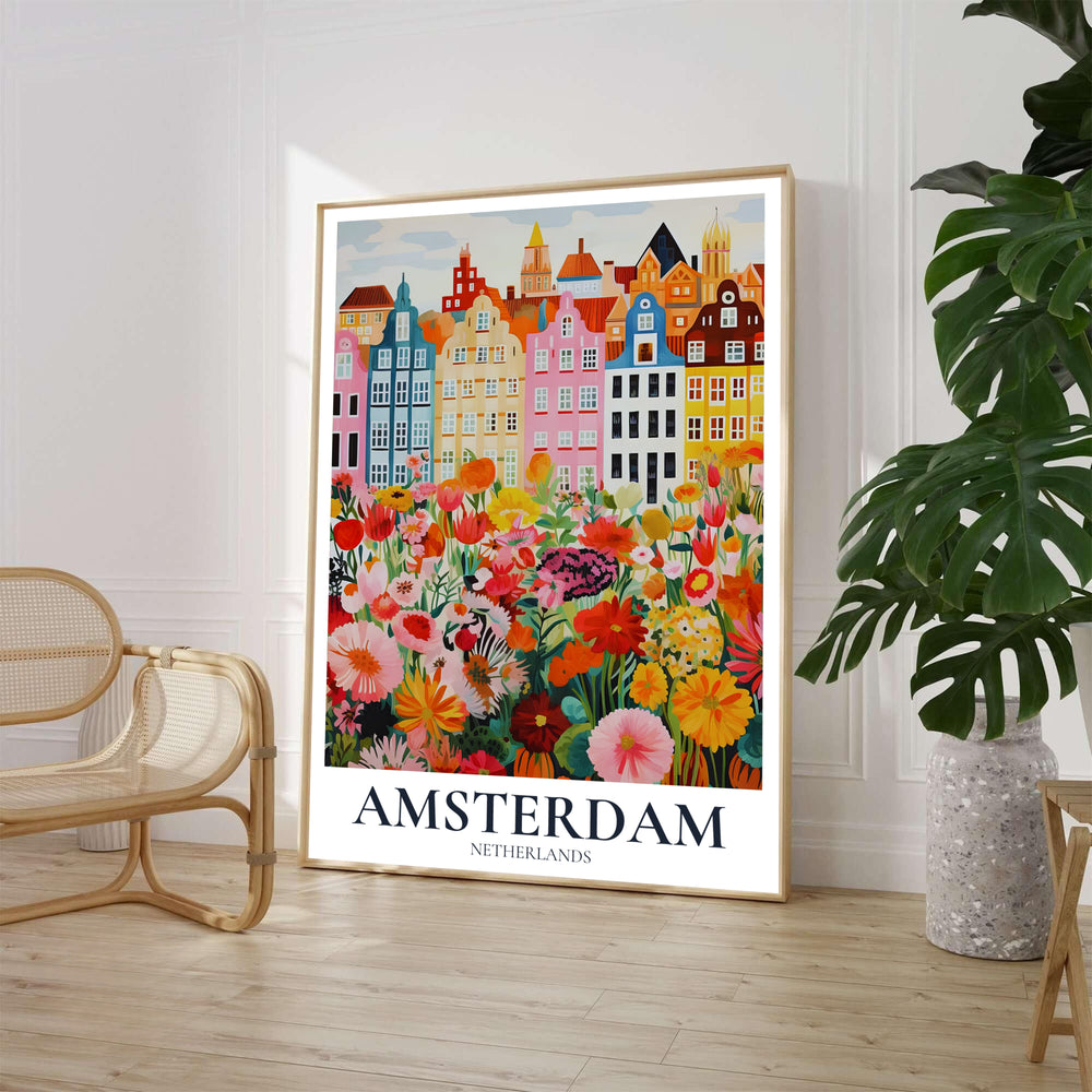 Whimsical travel art print of Amsterdam canal houses rising above a colorful wildflower garden, offered by MapYourDreams where you can choose between an unframed archival paper poster, museum stretched canvas, or custom frame finishes to complement cottagecore bedroom decor.