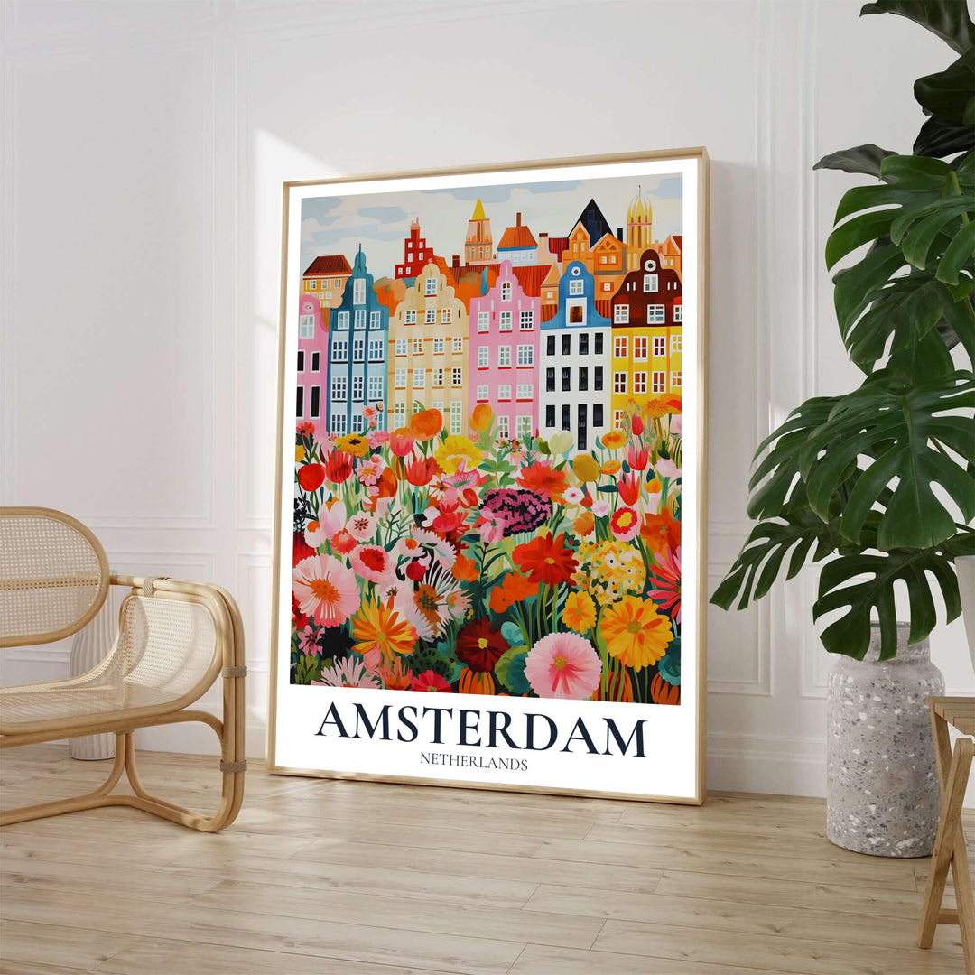 Whimsical travel art print of Amsterdam canal houses rising above a colorful wildflower garden, offered by MapYourDreams where you can choose between an unframed archival paper poster, museum stretched canvas, or custom frame finishes to complement cottagecore bedroom decor.