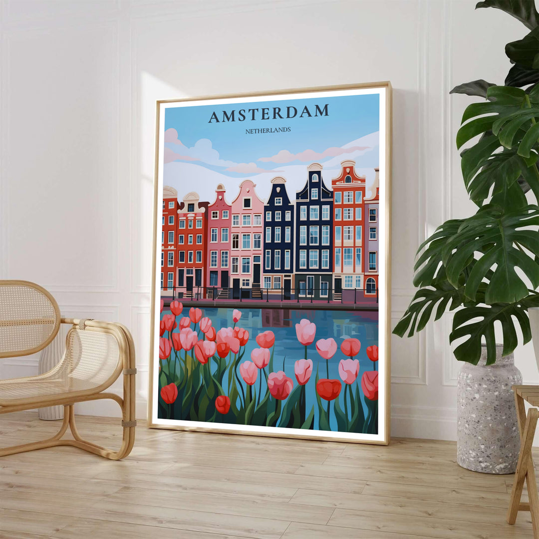 Graphic vector art print of blooming pink tulips in front of gabled canal houses in Amsterdam Netherlands, available from MapYourDreams where you can choose between an unframed fine art poster, museum stretched canvas, or custom frame finishes for contemporary bedroom styling.