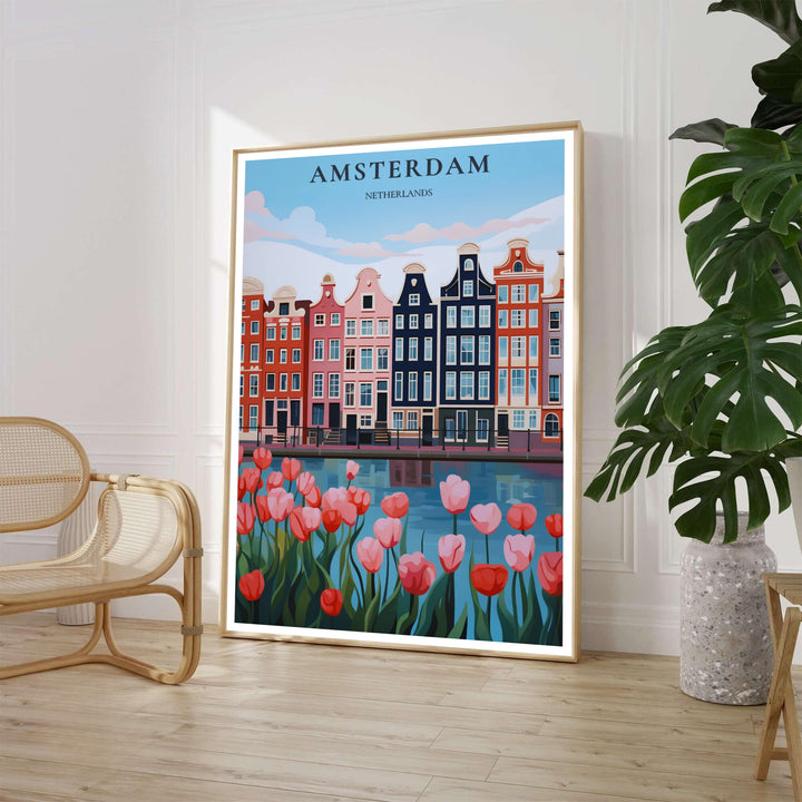 Graphic vector art print of blooming pink tulips in front of gabled canal houses in Amsterdam Netherlands, available from MapYourDreams where you can choose between an unframed fine art poster, museum stretched canvas, or custom frame finishes for contemporary bedroom styling.