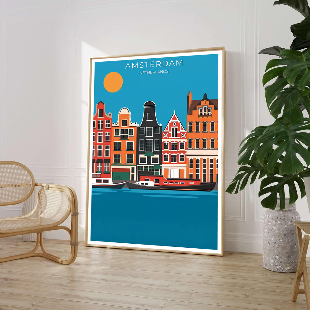 Flat vector art print of historic gabled canal houses and houseboats under a bright orange sun in Amsterdam Netherlands, available from MapYourDreams where you can choose between an unframed fine art poster, museum stretched canvas, or custom frame finishes for home office styling.