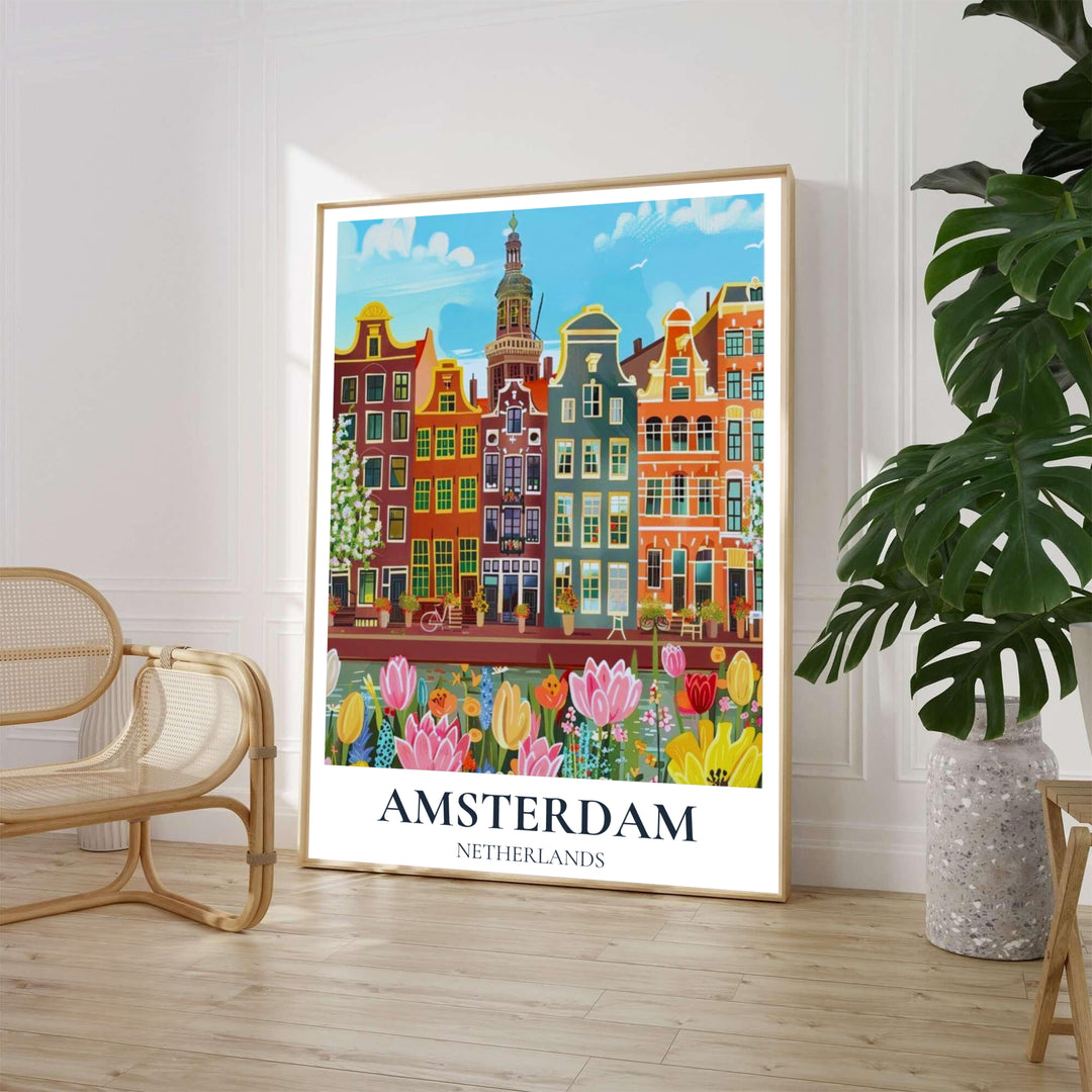 Vibrant floral impressionist art print of blooming pink and yellow tulips along an Amsterdam Netherlands canal, crafted by MapYourDreams where you can choose between an unframed fine art poster, stretched canvas print, or custom frame choices to enhance garden-inspired interior decor.