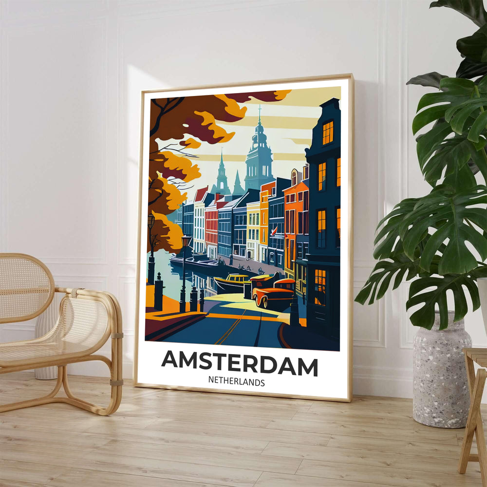Vintage screen-print style art print capturing navy shadows and mustard foliage along an Amsterdam Netherlands canal, available from MapYourDreams with product options including unframed posters, gallery wrapped canvas decor, and custom frame finishes designed to enhance moody interior spaces.