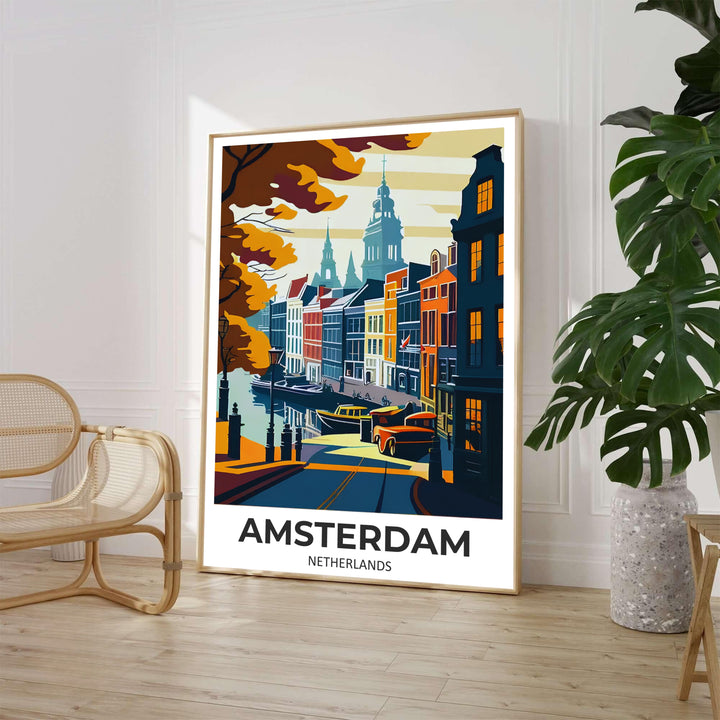 Vintage screen-print style art print capturing navy shadows and mustard foliage along an Amsterdam Netherlands canal, available from MapYourDreams with product options including unframed posters, gallery wrapped canvas decor, and custom frame finishes designed to enhance moody interior spaces.