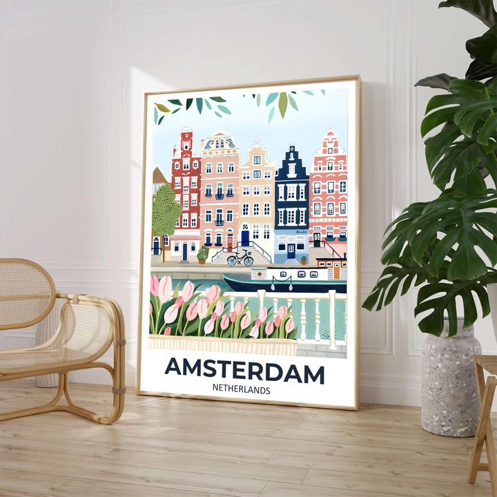 Whimsical pastel gouache cityscape print of blush pink tulips and Dutch canal architecture in Amsterdam Netherlands, available from MapYourDreams where customers can choose between unframed fine art posters, gallery wrapped canvas decor, and custom frame finishes for romantic living room walls.