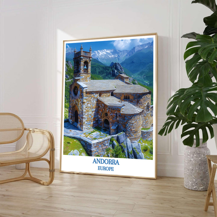 Detailed Romanesque stone architecture at Sant Joan de Caselles Church in Andorra defines this fine travel print. Order beautiful framed, unframed, and canvas poster options at MapYourDreams to decorate walls.