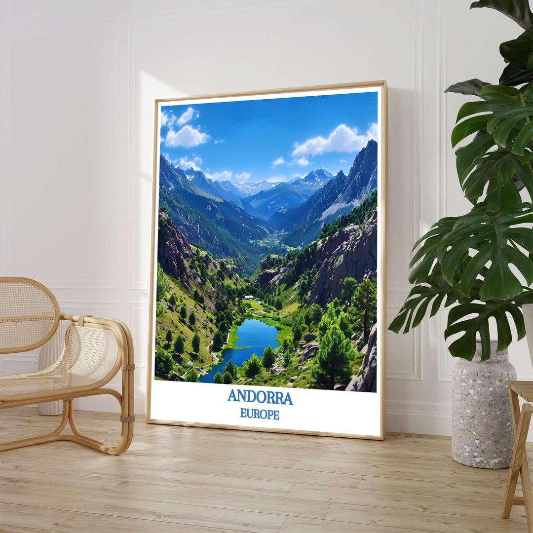 Detailed mountain landscape artwork depicting the Valley of Madriu-Perafita-Claror in Andorra defines this travel print. Order beautiful framed, unframed, and canvas poster options at MapYourDreams to decorate walls.