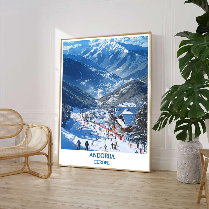Detailed alpine resort artwork capturing Vallnord Ski Resort in Andorra defines this fine travel print. Order beautiful framed, unframed, and canvas poster options at MapYourDreams to decorate your walls.