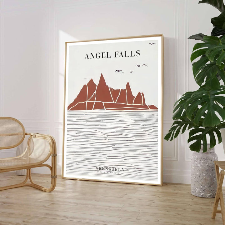 Minimalist landscape wall art print depicting the stylized tepui cliffs of Angel Falls in warm rust red and cream tones. Available through MapYourDreams, customers can select from fine art paper, handcrafted timber frames, or stretched canvas options.