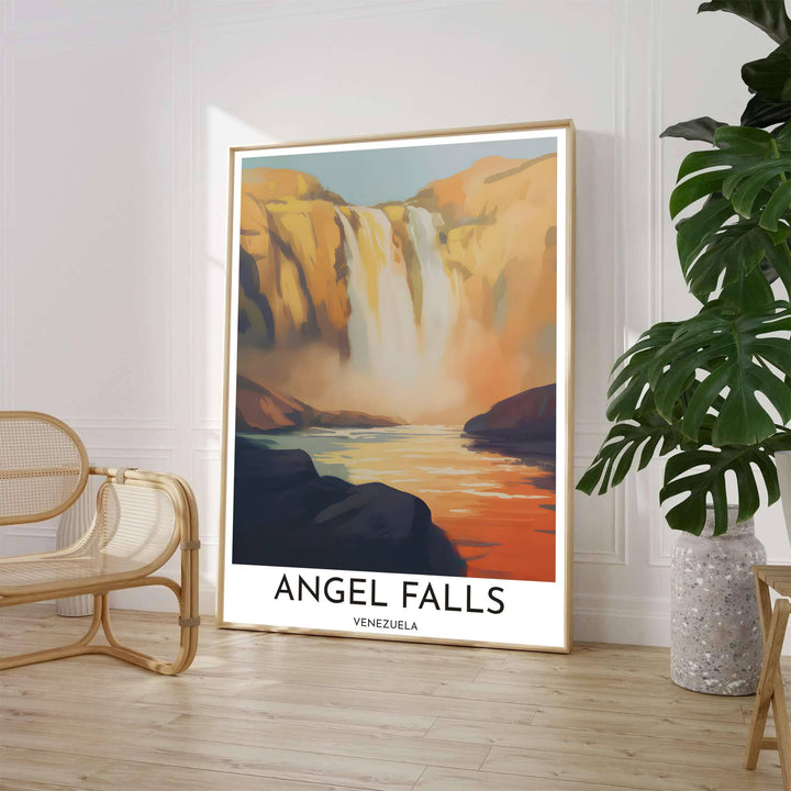 Golden hour waterfall landscape print depicting sun-drenched amber cliffs and glowing river reflections in Canaima National Park, Venezuela. Available through MapYourDreams, customers can select from fine art paper, handcrafted timber frames, or stretched canvas options.