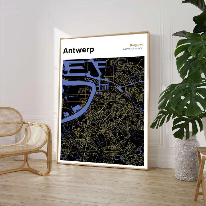An Antwerp Belgium map poster designed with a high-contrast minimalist street grid in radiant gold over an obsidian backdrop with subtle blue water channels. Presentation options for this piece include standalone unframed paper prints, custom solid wood frames, and gallery-wrapped canvas choices.