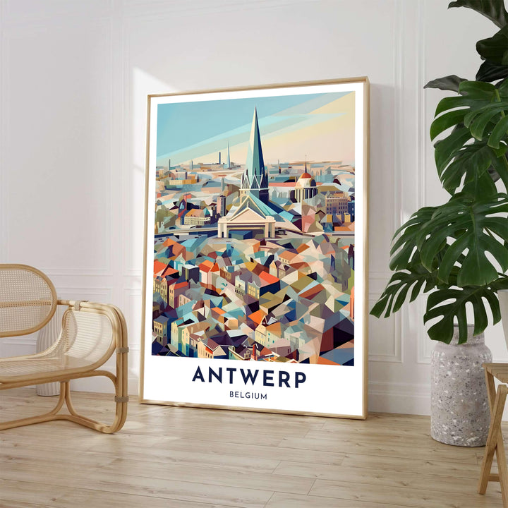 An abstract architectural poster depicting the cityscape of Antwerp, Belgium, rendered in sharp cubist shapes with warm ochre and cool teal tones. Offered in versatile options such as standalone unframed matte paper, handcrafted solid wood frames, and gallery-wrapped canvas prints.